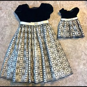 Black velvet princess dress & matching doll dress